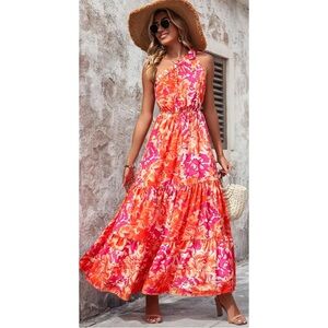 2 Pack Floral One-Shoulder Maxi Dress - Pink and Orange